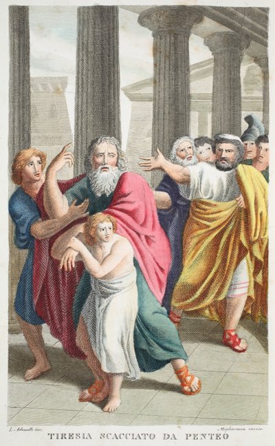 Tiresias dismissed by Pentheus, Book III, illustration from Ovid